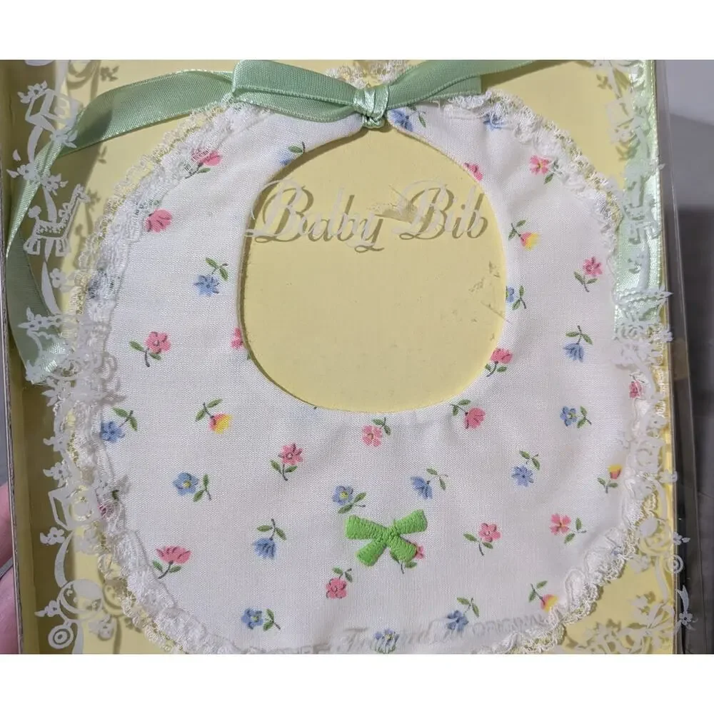 Vtg Pastel Floral Baby Bib New In Packaging Lace Trim Trim Bow 1990s Cottagecore